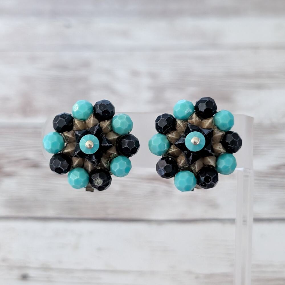 Vintage Clip On Earrings Black & Turquoise Tone Statement Large Cluster